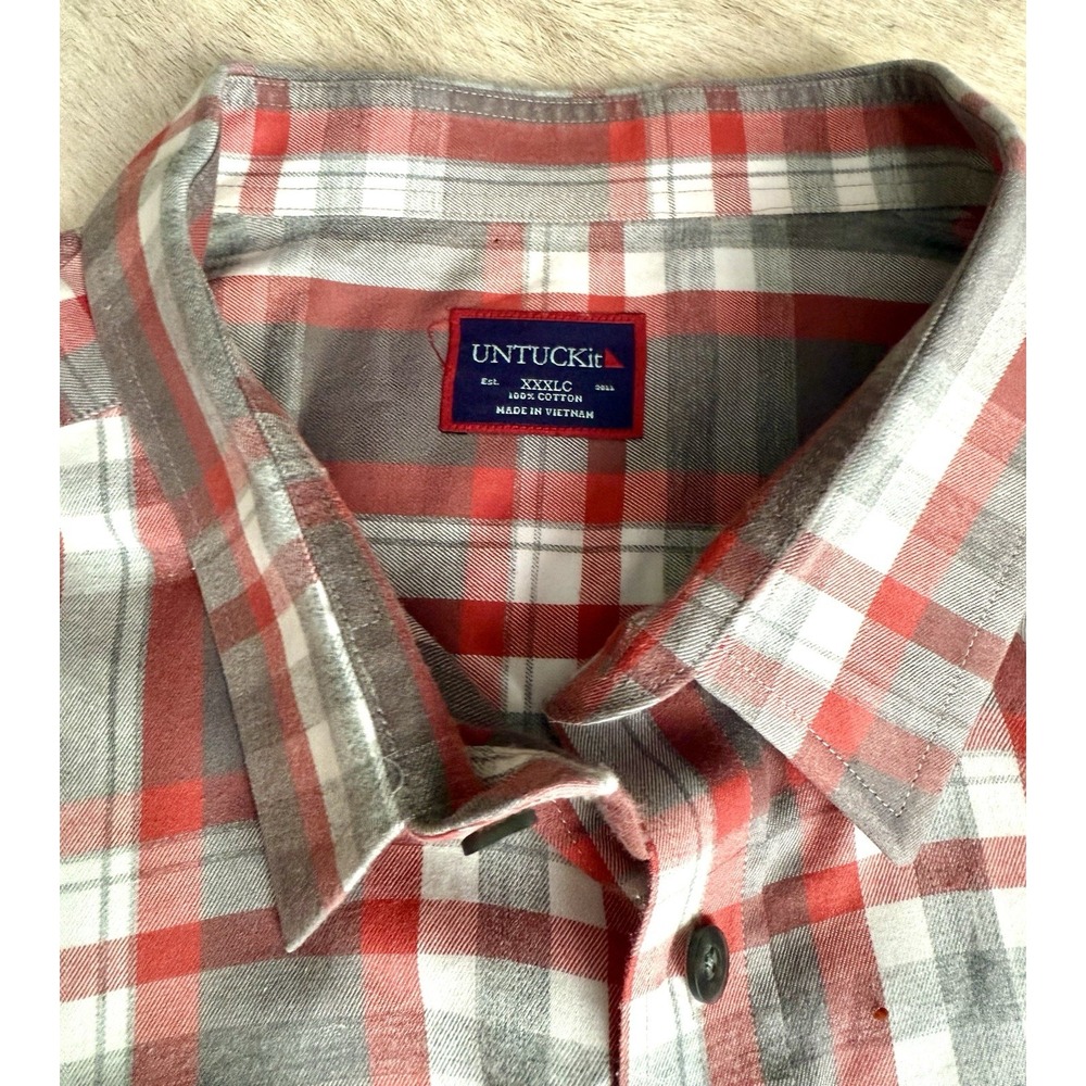 UNTUCKit Mens Flannel Long Sleeve Button Shirt Grey Red Plaid 3XL 100% cotton - Picture 3 of 5